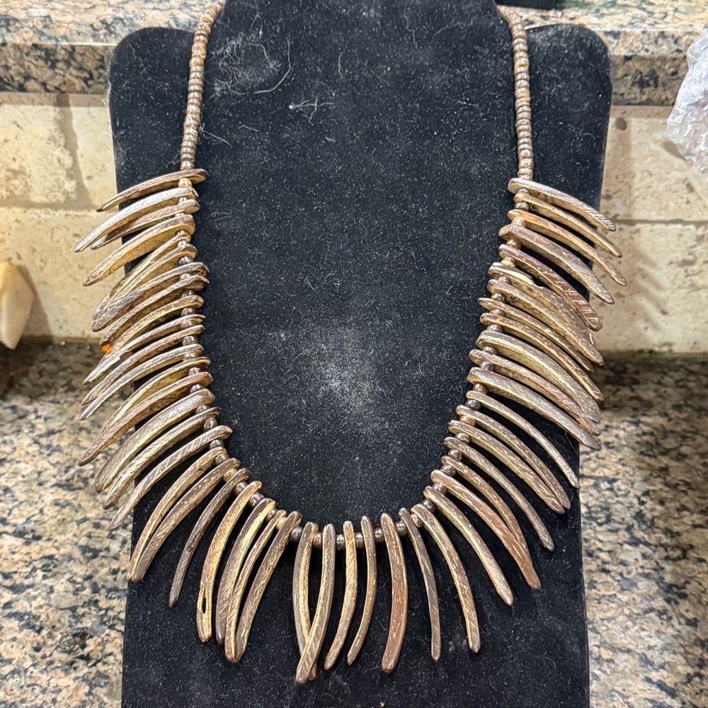 Tribal Dark Brown Wood Spike Fringe Bib Statement Necklace 24 Inch Screw Clasp - Picture 4 of 6